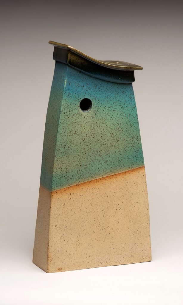 Tall slab vase, turquoise and mouse glaze on speckled clay.